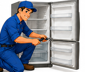 Ronnie's cartoon technician repairing a fridge