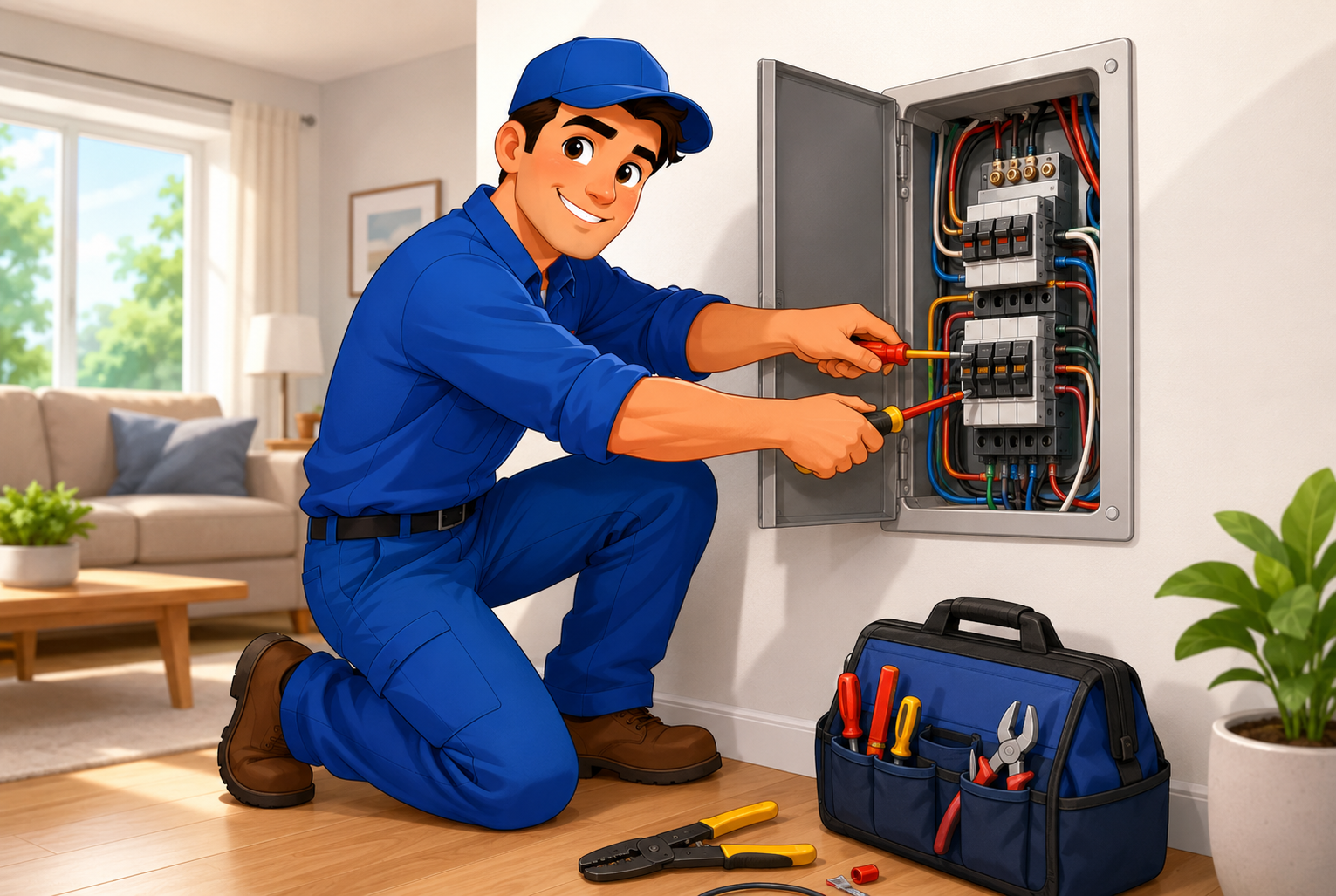 Ronnie's cartoon technician providing electrician services